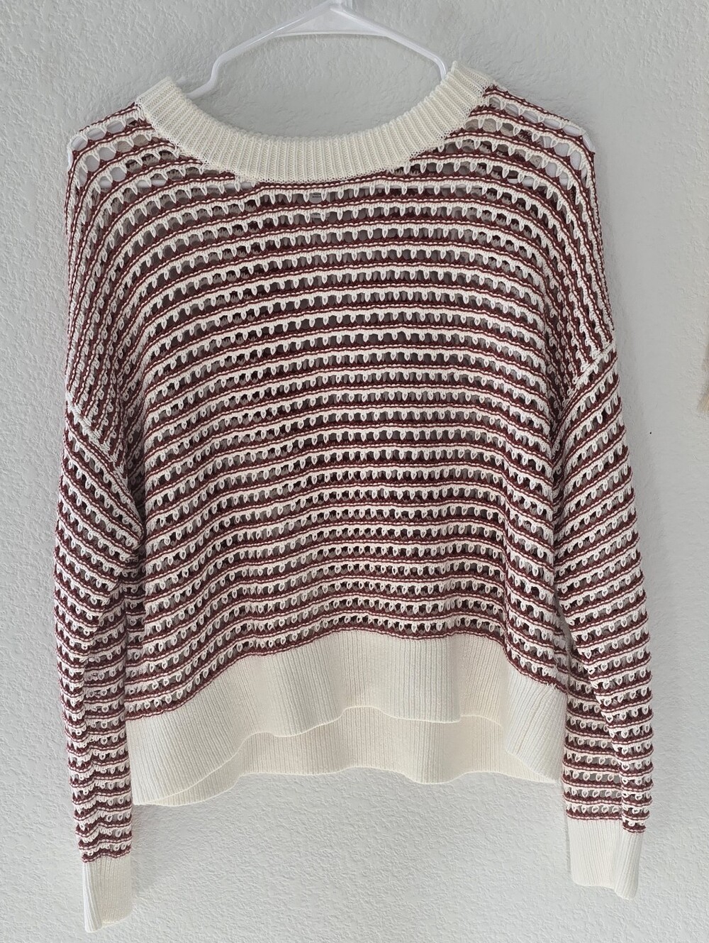 NWT Old Navy Oversized Cream and Red Open-Knit Crewneck Sweater 100% Cotton